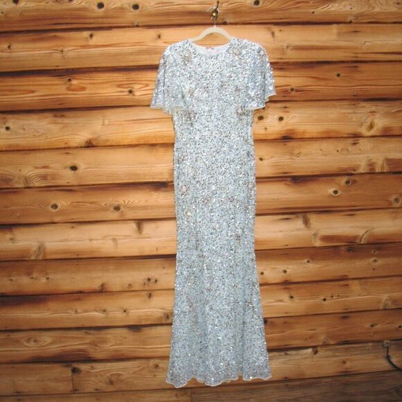 MAC DUGGAL 93932 Blue Flutter Sleeve Sequin High Neck Gown - Picture 5 of 15